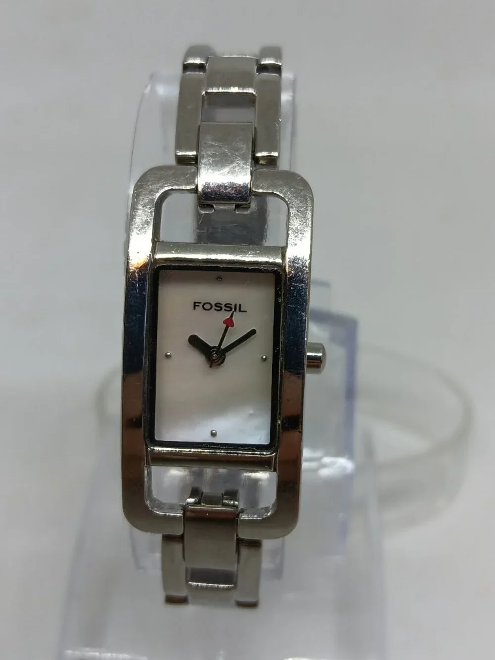 VINTAGE 2000s Fossil f2 ES-1016 Women's 17mm x 35mm Silver Tone MOP Dial Watch